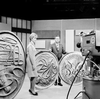 Pic: Training for the new decimal currency - a display of giant coins at the Channel 10 studio in Sydney 1965