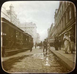 Pedestrians and tram on George Street c1910